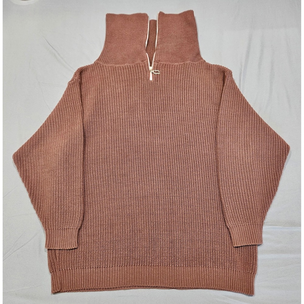 Von Saken Quarter Zip Sweater Womens XL Brown Excellent Cotton Waffle Knit USA